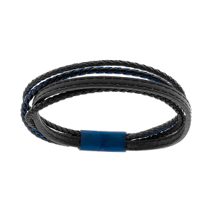 BRACELET ACIER ET CUIR BOVIN MULTIFILS NOIR ET BLEU FERMOIR PVD BLEU 21,5CM