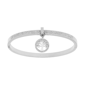 BRACELET ACIER ARTICULE RAIL RÉSINE ET OXYDES BLANCS AVEC PAMPILLE ARBRE DE VIE OXYDES BLANCS DIAM 58MM