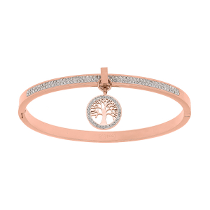 BRACELET ACIER ET PVD ROSE ARTICULE RAIL RÉSINE ET OXYDES BLANCS AVEC PAMPILLE ARBRE DE VIE OXYDES BLANCS DIAM 58MM