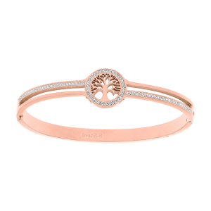 BRACELET ACIER ET PVD ROSE ARTICULE DEMI RAIL RÉSINE ET OXYDES BLANCS AVEC ARBRE DE VIE OXYDES BLANCS DIAM 58MM