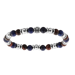BRACELET ACIER EXTENSIBLE ET BOULES OEIL DE TIGRE ROUGE ET LAPIS LAZULI VÉRITABLE DIAM 60MM