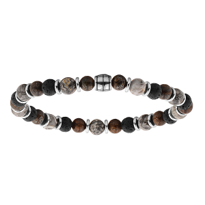BRACELET ACIER EXTENSIBLE BOULES JASPE GRIS, PIERRE DE LAVE, BRONZE GRIS VÉRITABLE DIAM 60MM