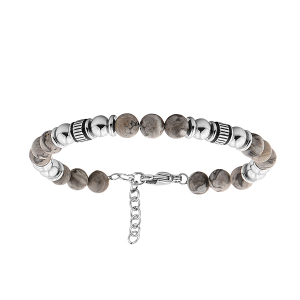 BRACELET ACIER BOULES JASPE GRIS VÉRITABLE 19+3CM