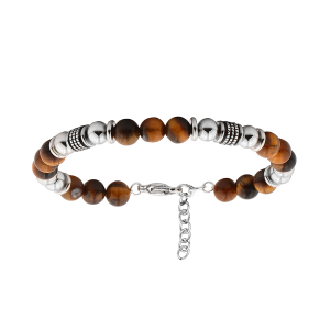 BRACELET ACIER BOULES OEIL DE TIGRE VÉRITABLE 19+3CM