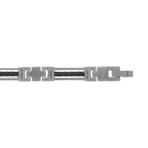 BRACELET ACIER ET CABLE NOIR DOUBLE FERMOIR 20,5CM+1,5CM REGLABLE DOUBLE FERMOIR