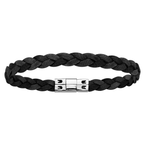 BRACELET ACIER ET CUIR BOVIN NOIR TRESSE FINE 2 RANGS 18,5CM
