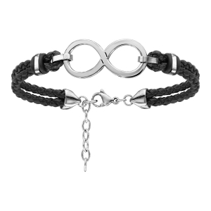 BRACELET ACIER ET DOUBLE TRESSE POLYURETHANE NOIR MOTIF INFINI 19+3CM