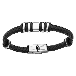 BRACELET ACIER ET PU AVEC CAOUTCHOUC NOIR 19,5CM REGLABLE