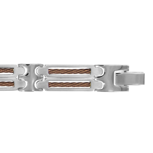 BRACELET ACIER 2 RANGS CABLE MARRON 20,5CM +1,5M REGLABLE DOUBLE FERMOIR