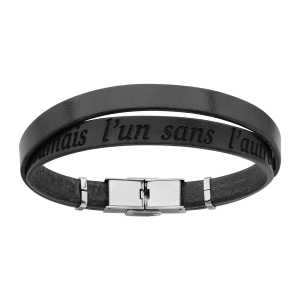 BRACELET ACIER ET CUIR BOVIN NOIR DOUBLE MODELE HOMME MESSAGE CACHE JAMAIS L'UN SANS L'AUTRE 20CM  REGLABLE