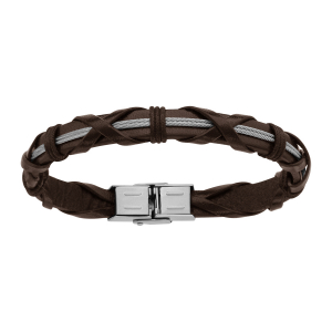 BRACELET ACIER ET CUIR BOVIN MARRON TRESSE ET DOUBLE CABLE 21CM