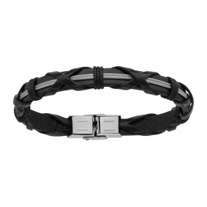 BRACELET ACIER ET CUIR BOVIN NOIR TRESSE ET DOUBLE CABLE 21CM
