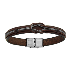 BRACELET ACIER ET CUIR BOVIN MARRON CABLE ET NOEUD 20CM