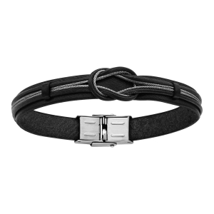 BRACELET ACIER ET CUIR BOVIN NOIR CABLE ET NOEUD 20CM