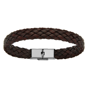 BRACELET ACIER ET CUIR BOVIN TRESSE MARRON 20,5CM REGLABLE