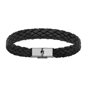 BRACELET ACIER ET CUIR BOVIN TRESSE NOIR  20,5CM REGLABLE