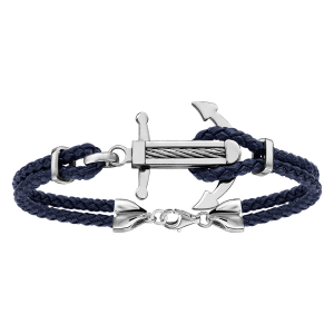 BRACELET ACIER DOUBLE CUIR BLEU MARINE ANCRE MARINE AVEC CABLE 19+3CM