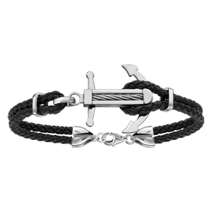 BRACELET ACIER DOUBLE CUIR NOIR BOVIN ANCRE MARINE AVEC CABLE 19+3CM