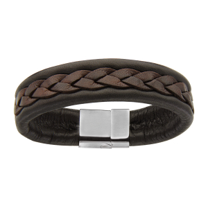 BRACELET ACIER ET CUIR BOVIN MARRON TRESSE 21,5CM