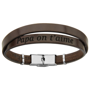 BRACELET ACIER ET CUIR BOVIN MARRON DOUBLE MODELE HOMME MESSAGE CACHE PAPA ON T'AIME 20CM  REGLABLE