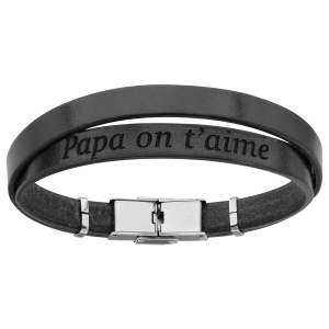 BRACELET ACIER ET CUIR BOVIN NOIR DOUBLE MODELE HOMME MESSAGE CACHE PAPA ON T'AIME 20CM  REGLABLE