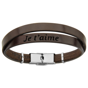 BRACELET ACIER ET CUIR BOVIN MARRON DOUBLE MODELE HOMME MESSAGE CACHE JE T'AIME 20CM  REGLABLE