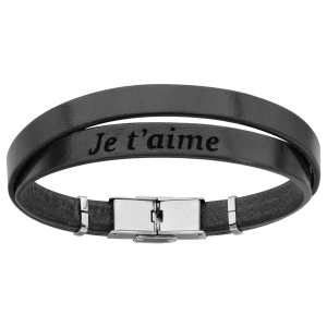 BRACELET ACIER ET CUIR BOVIN NOIR DOUBLE MODELE HOMME MESSAGE CACHE JE T'AIME 20CM  REGLABLE
