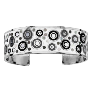 BRACELET ACIER STELLA MIA MOTIF ROND RÉSINE NOIRE ET BLANCHE AVEC NACRE DIAM 59MM INTERIEUR
