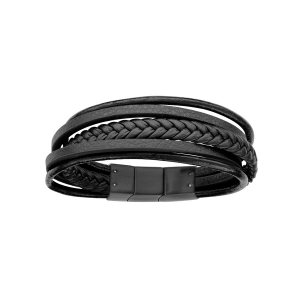 BRACELET ACIER ET CUIR BOVIN NOIR MULTIFILS 20CM + 1CM DOUBLE FERMOIR