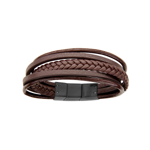 BRACELET ACIER ET CUIR BOVIN MARRON MULTIFILS 20CM + 1CM DOUBLE FERMOIR