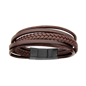 BRACELET ACIER ET CUIR BOVIN MARRON MULTIFILS 23CM + 1CM DOUBLE FERMOIR