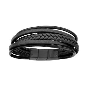 BRACELET ACIER ET CUIR BOVIN NOIR MULTIFILS 23CM + 1CM DOUBLE FERMOIR
