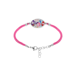 BRACELET ACIER STELLA MIA MOTIF OVALE VISAGE MULTI COULEURS CORDON ROSE 16+3CM
