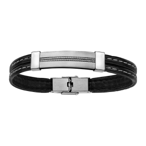 BRACELET ACIER ET POLYURETHANE NOIR AVEC PLAQUE  20CM REGLABLE