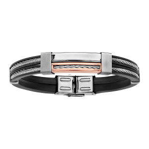 BRACELET ACIER ET CAOUTCHOUC NOIR 2 RANGS CABLE ET PVD ROSE 20CM