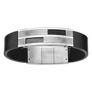 BRACELET ACIER ET CUIR BOVIN NOIR PLAQUE AVEC CABLE GRIS ET NOIR 20CM + 1CM DOUBLE FERMOIR