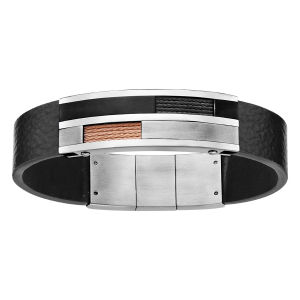 BRACELET ACIER ET CUIR BOVIN NOIR PLAQUE AVEC CABLE PVD ROSE ET NOIR 20CM + 1CM DOUBLE FERMOIR