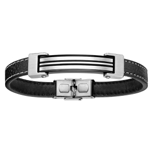 BRACELET ACIER ET CUIR NOIR PLAQUE PVD NOIR 21,5CM REGLABLE