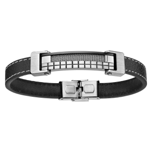 BRACELET ACIER ET CUIR BOVIN NOIR PLAQUE MULTI QUADRILLAGE 21,5CM REGLABLE