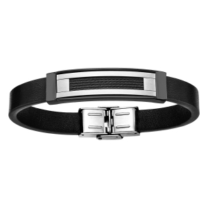 BRACELET ACIER ET CUIR BOVIN NOIR PLAQUE PVD NOIR ET CABLES NOIRS 20,5CM REGLABLE