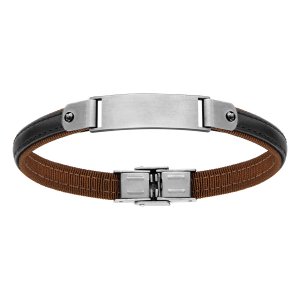 BRACELET ACIER ET CUIR BOVIN NOIR ET TISSU CONFORT INTERIEUR MARRON 20CM REGLABLE
