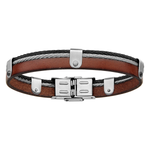 BRACELET ACIER ET CUIR BOVIN MARRON AVEC CABLE GRIS ET NOIR 20CM
