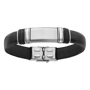 BRACELET ACIER ET CUIR NOIR BOVIN 20CM REGLABLE