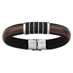 BRACELET ACIER ET CUIR BOVIN MARRON 20CM RÉGLABLE