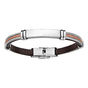 BRACELET ACIER ET CUIR BOVIN AVEC CABLE 2 TONS 20CM