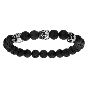 BRACELET ACIER EXTENSIBLE PERLES NOIRES (PIERRE DE LAVE)  MATE 3 TETES DE MORT 19CM