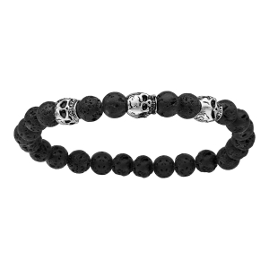 BRACELET ACIER ELASTIQUE PIERRES DE LAVE MATE 3 TETES DE MORT