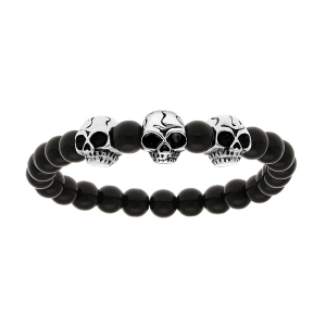 BRACELET ACIER EXTENSIBLE PIERRES DE LAVE BRILLANTES 3 TETES DE MORT