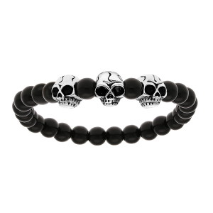 BRACELET ACIER EXTENSIBLE PERLES NOIRES BRILLANTES (PIERRE DE LAVE) 3 TETES DE MORT