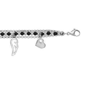 BRACELET ACIER TRIPLE CHAINE AVEC BOULES PERLES NOIRES SYNTHETIQUE PAMPILLES 16+3CM